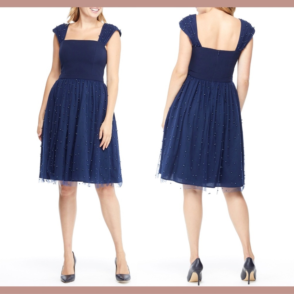 NEW $230 Gal Meets Glam Delores Vintage Pearl Mesh‎ Dress in Navy [SZ 6 ]